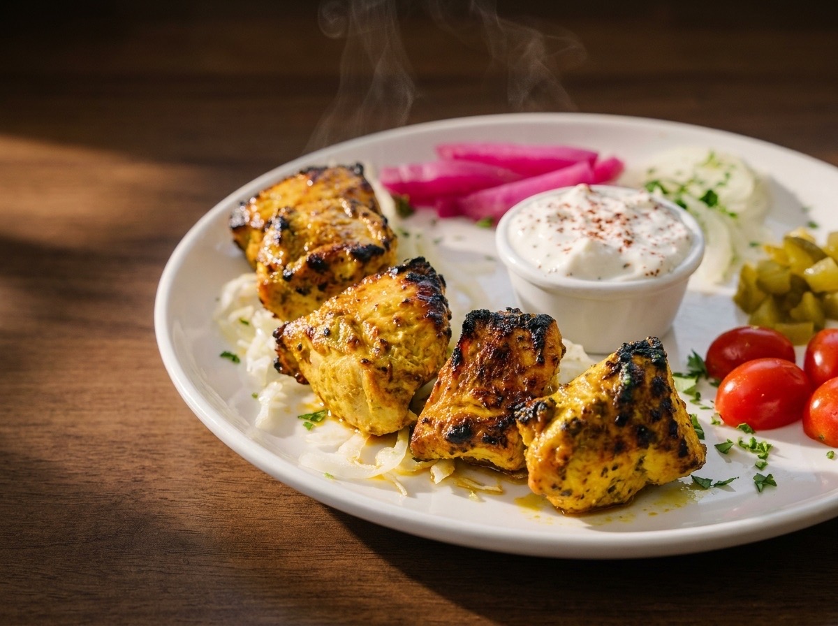 Aladdin saffron chicken kabob, char-grilled, over rice with garlic sauce